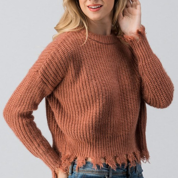 Sweaters - Rusty Frayed Hemline Knit Sweater